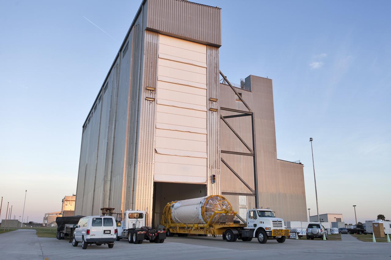 The Centaur upper stage that will help launch NOAA's Geostationary Operational Environmental Satellite-S, or GOES-S, arrives at the Delta Operations Center at Cape Canaveral Air Force Station for further processing. GOES-S is the second in a series of four advanced geostationary weather satellites. The GOES-R series - consisting of the GOES-R, GOES-S, GOES-T and GOES-U spacecraft - will significantly improve the detection and observation of environmental phenomena that directly affect public safety, protection of property and the nation's economic health and prosperity. GOES-S is slated to launch March 1, 2018 aboard a United Launch Alliance Atlas V rocket.