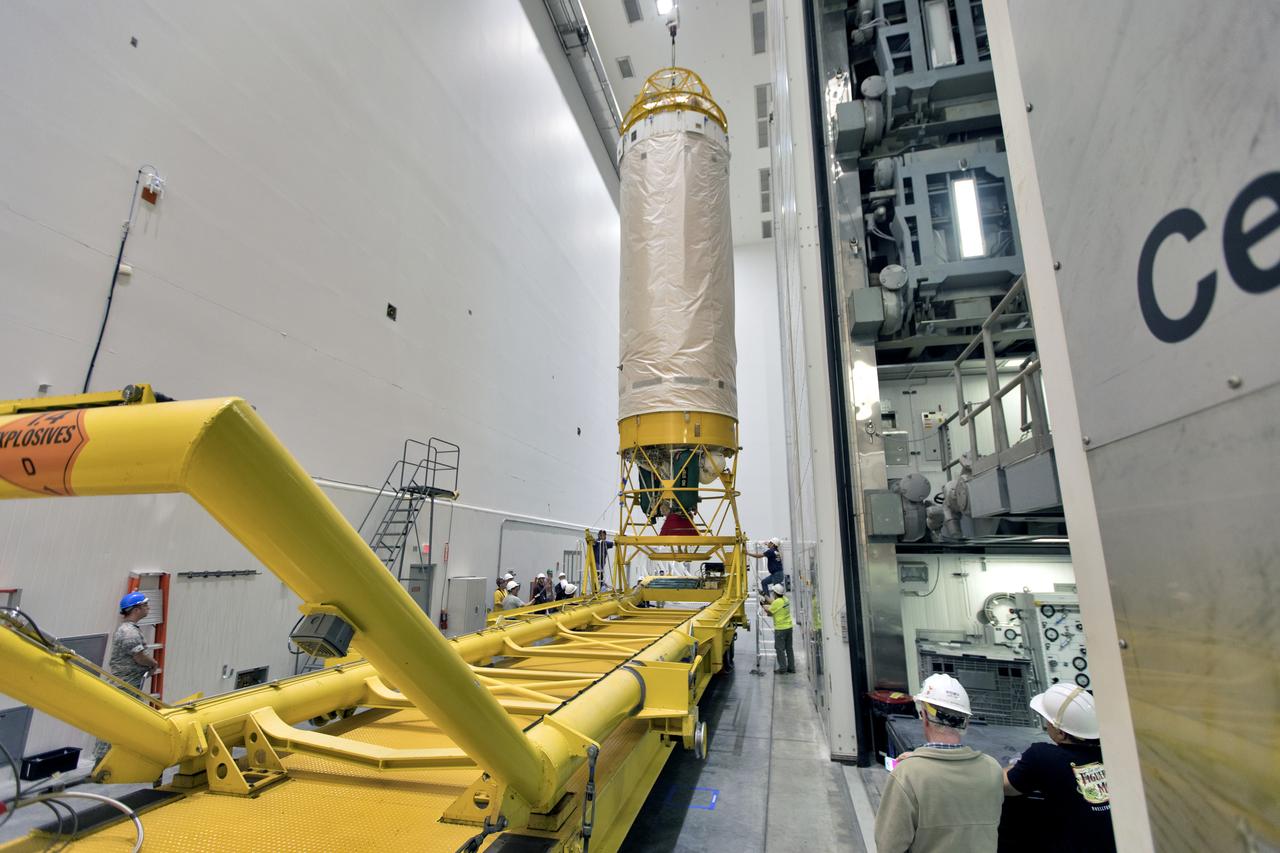 The Centaur upper stage that will help launch NOAA's Geostationary Operational Environmental Satellite-S, or GOES-S, has been lifted from its transporter inside the Delta Operations Center at Cape Canaveral Air Force Station for further processing. GOES-S is the second in a series of four advanced geostationary weather satellites. The GOES-R series - consisting of the GOES-R, GOES-S, GOES-T and GOES-U spacecraft - will significantly improve the detection and observation of environmental phenomena that directly affect public safety, protection of property and the nation's economic health and prosperity. GOES-S is slated to launch March 1, 2018 aboard a United Launch Alliance Atlas V rocket.