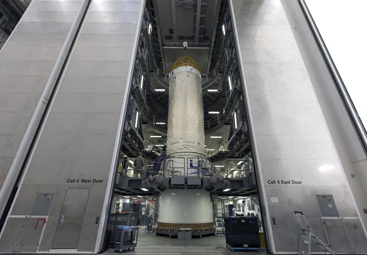 The Centaur upper stage that will help launch NOAA's Geostationary Operational Environmental Satellite-S, or GOES-S, has been positioned in at test cell inside the Delta Operations Center at Cape Canaveral Air Force Station for further processing. GOES-S is the second in a series of four advanced geostationary weather satellites. The GOES-R series - consisting of the GOES-R, GOES-S, GOES-T and GOES-U spacecraft - will significantly improve the detection and observation of environmental phenomena that directly affect public safety, protection of property and the nation's economic health and prosperity. GOES-S is slated to launch March 1, 2018 aboard a United Launch Alliance Atlas V rocket.