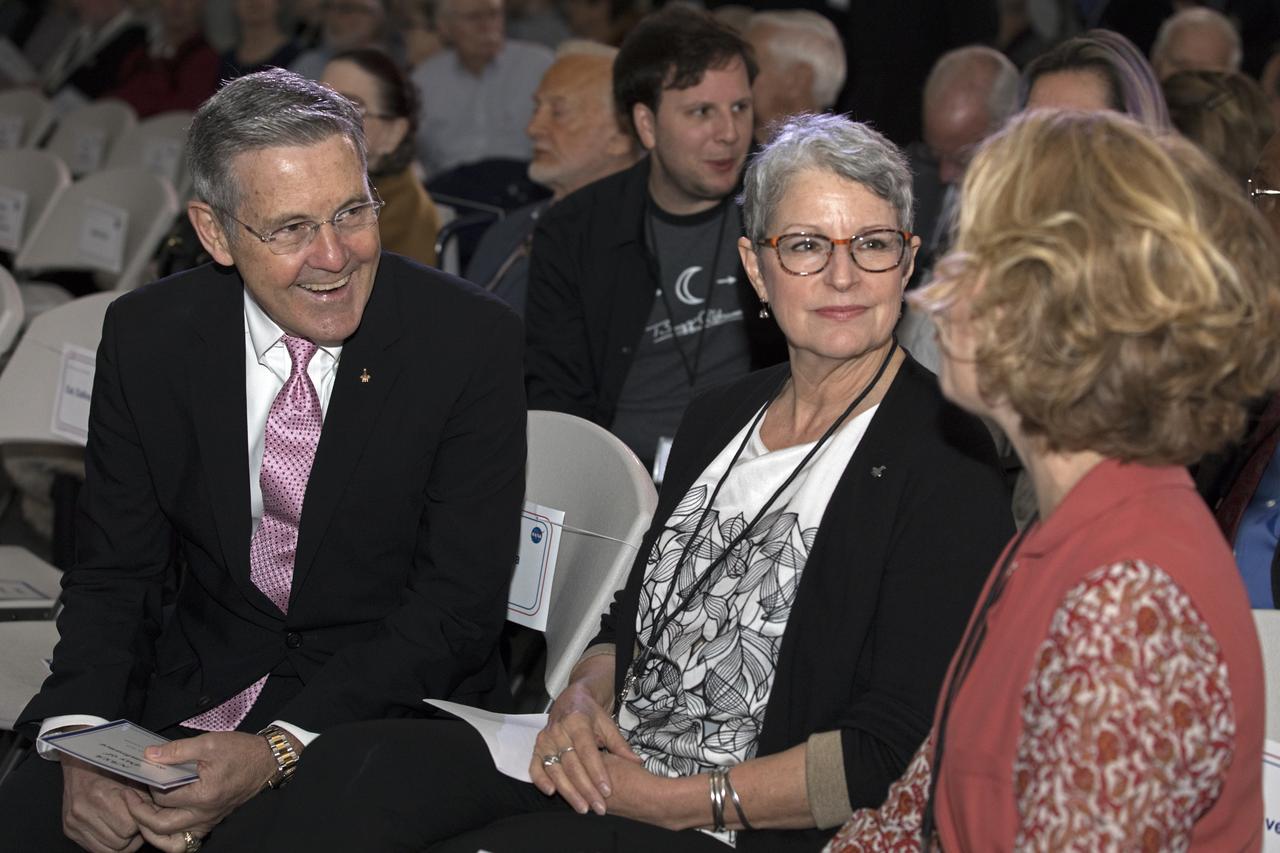 Kennedy Space Center Director Bob Cabana, left, speaks with Karen Stevenson, daughter of astronaut Charles Bassett, center, and Sally Kneuven, daughter of NASA astronaut Elliot See. Each spoke at this year's Day of Remembrance ceremony at the Kennedy Space Center Visitor Complex. Each year spaceport employees and guests join others throughout NASA honoring the contributions of astronauts who have perished in the conquest of space.