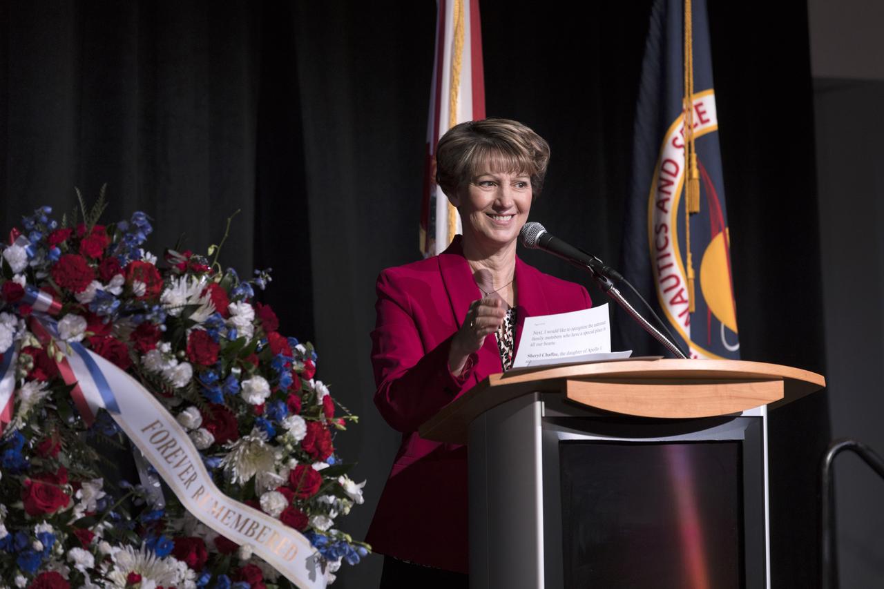 Astronauts Memorial Foundation Board Chair Eileen Collins, a former space shuttle commander, speaks during this year's Day of Remembrance ceremony at the Kennedy Space Center Visitor Complex. Each year spaceport employees and guests join others throughout NASA honoring the contributions of astronauts who have perished in the conquest of space.