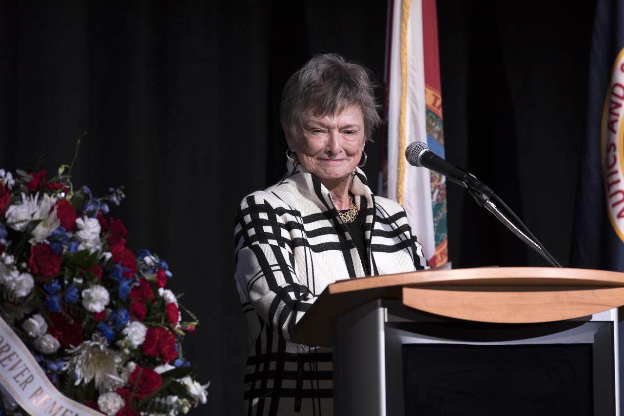 Beth Williams, widow of NASA astronaut Clifton Williams, speaks during this year's Day of Remembrance ceremony at the Kennedy Space Center Visitor Complex. Each year spaceport employees and guests join others throughout NASA honoring the contributions of astronauts who have perished in the conquest of space.