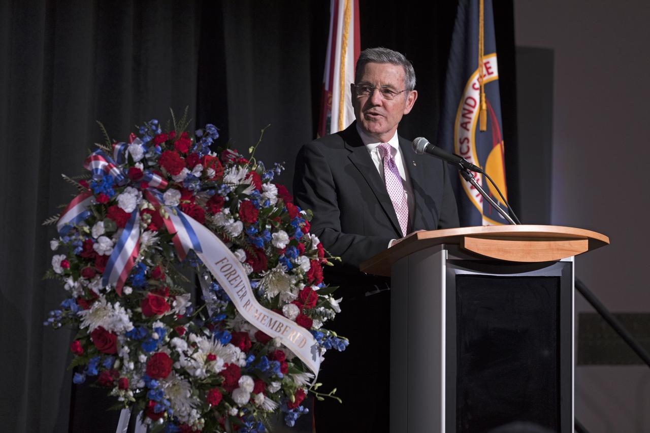 Kennedy Space Center Director Bob Cabana speaks during this year's Day of Remembrance ceremony at the Kennedy Space Center Visitor Complex. Each year spaceport employees and guests join others throughout NASA honoring the contributions of astronauts who have perished in the conquest of space.