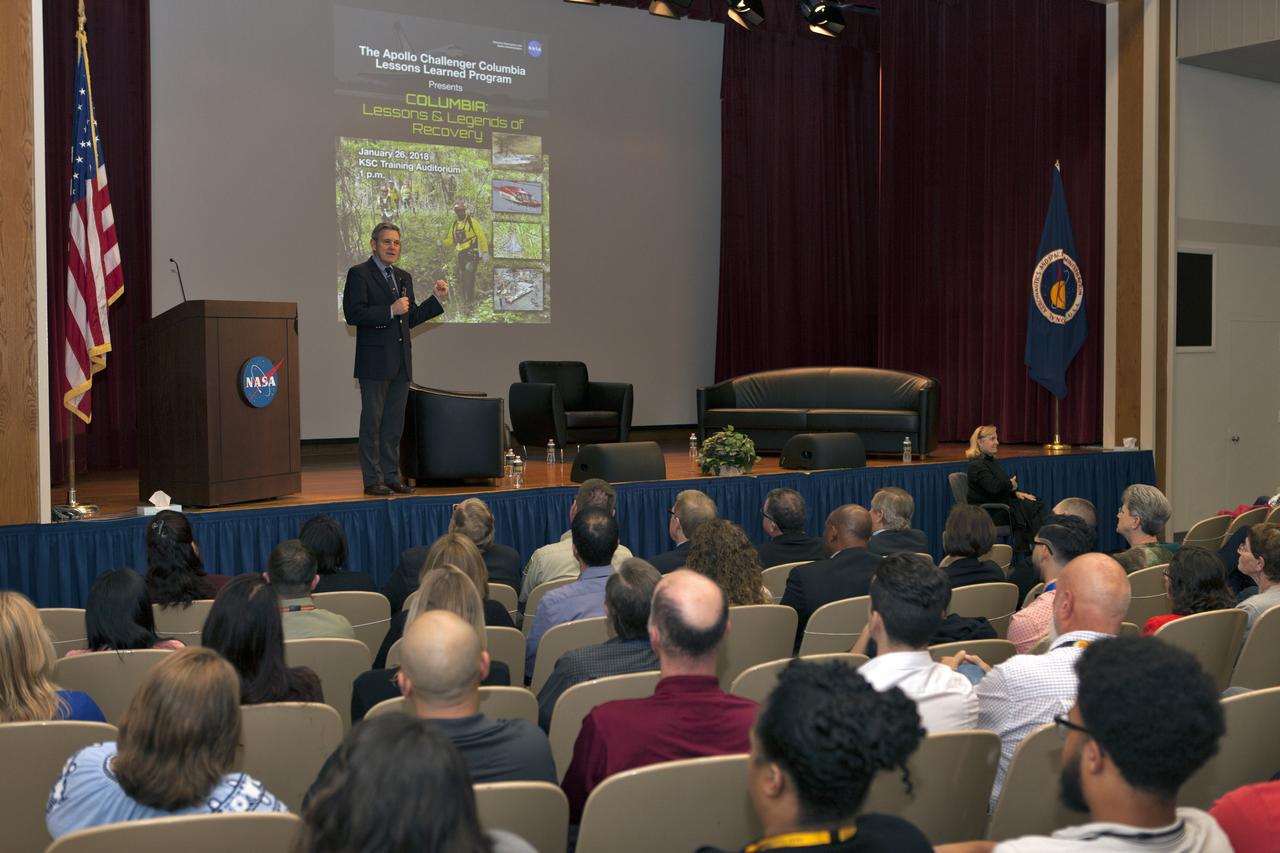 NASA Kennedy Space Center Director Bob Cabana speaks to employees during an Apollo, Challenger, Columbia Lessons Learned Program event in the center's Training Auditorium. The program's theme was "Columbia: Lessons and Legends of Recovery." Cabana moderated a panel discussion featuring guests with connections to Columbia and recovery efforts.