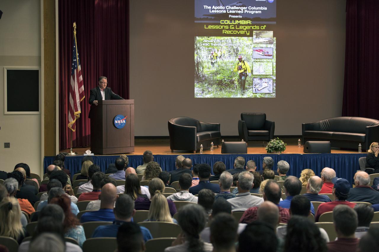 Dave King, former director of Marshall Space Flight Center in Huntsville, Alabama, and NASA Columbia Recovery director, gives the keynote speech during an Apollo, Challenger, Columbia Lessons Learned Program employee event at NASA's Kennedy Space Center in Florida. The theme of the presentation was "Columbia: Lessons and Legends of Recovery." King also participated in a panel discussion moderated by Kennedy Space Center Director Bob Cabana.