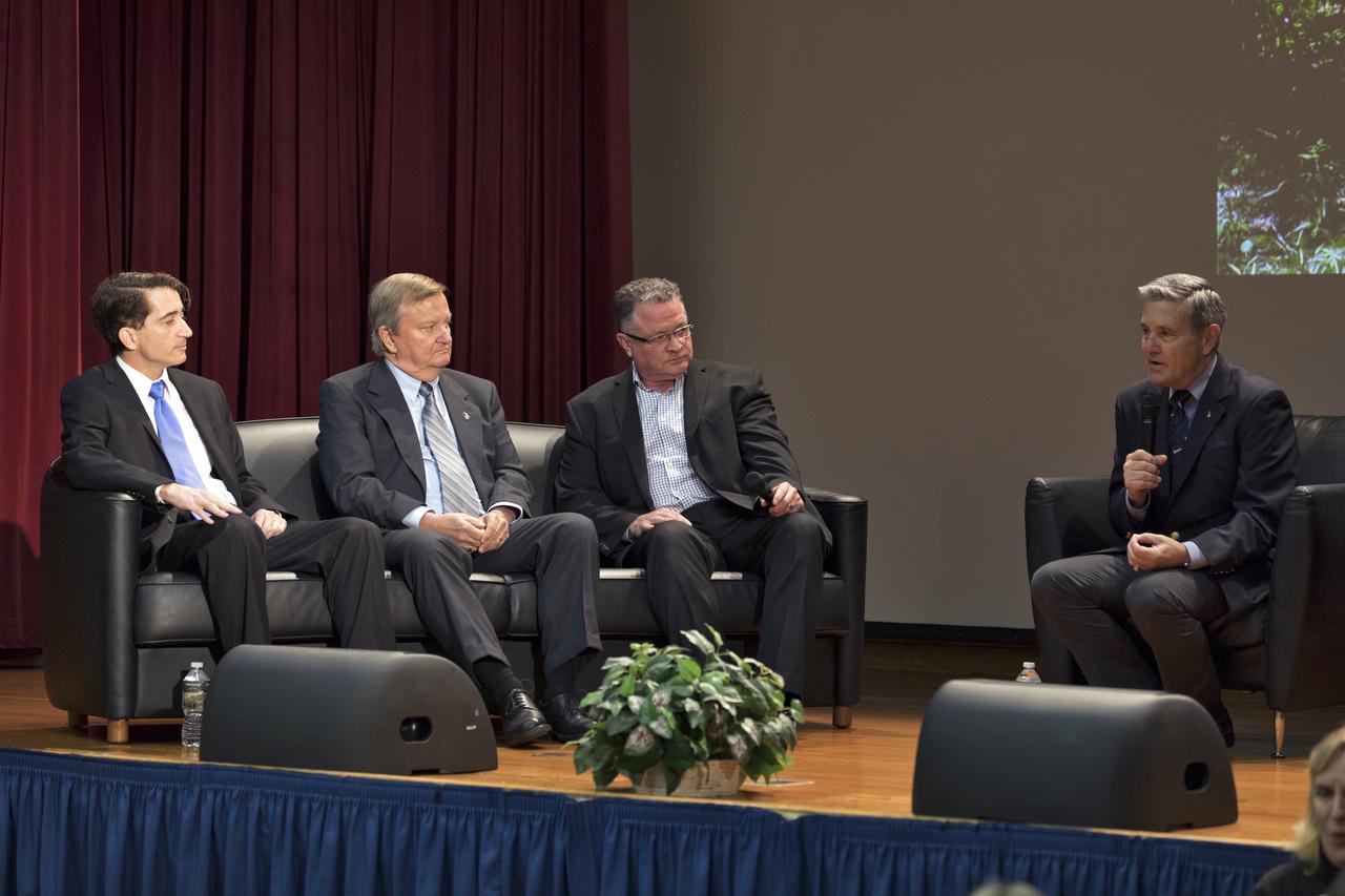 NASA Kennedy Space Center Director Bob Cabana, far right, poses a question to several panelists during an Apollo, Challenger, Columbia Lessons Learned Program (ACCLLP) employee event. The theme of the presentation was "Columbia: Lessons and Legends of Recovery." Participating, from left, are Mike Ciannilli, ACCLLP manager; Mike Leinbach, former shuttle launch director; and Dave King, NASA Columbia Recovery director and former director of Marshall Space Flight Center.