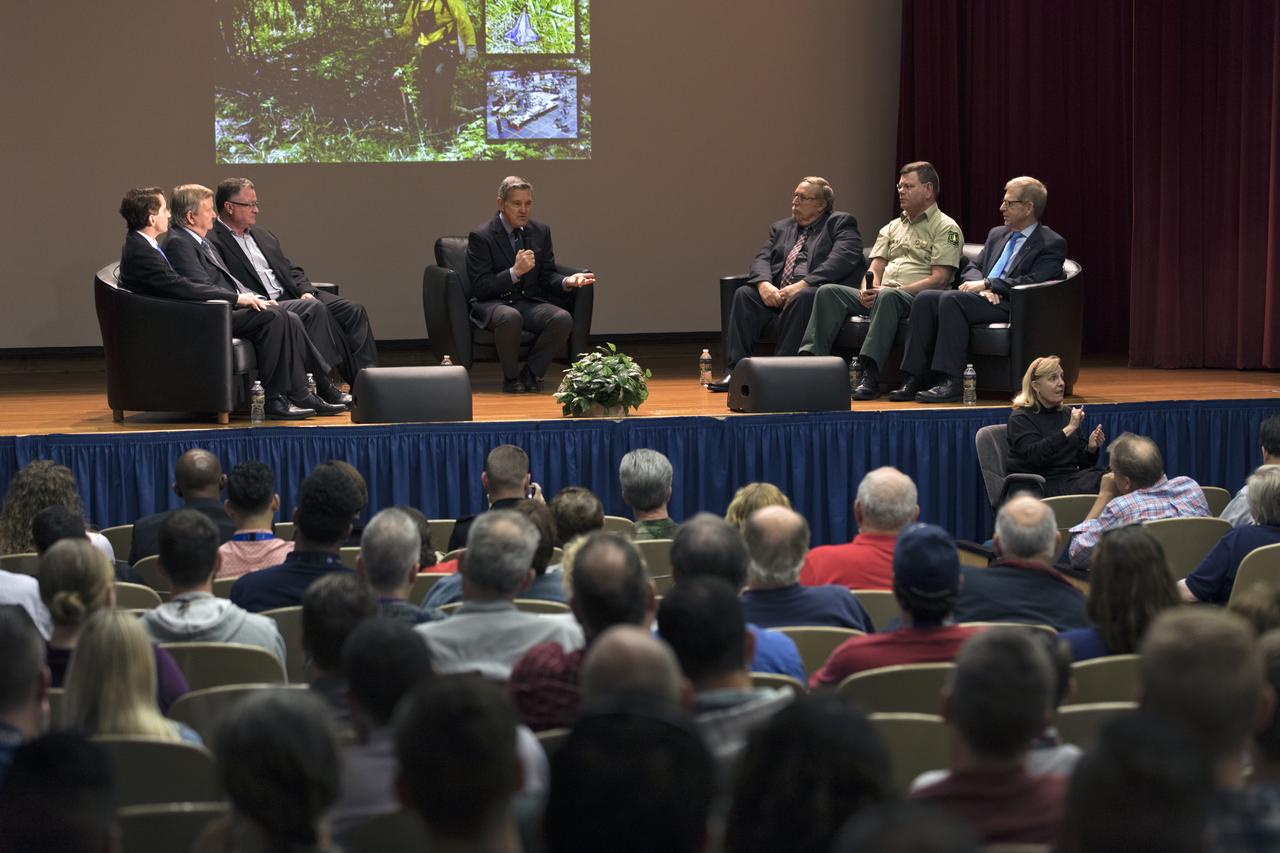 NASA Kennedy Space Center Director Bob Cabana, center, leads a panel discussion during an Apollo, Challenger, Columbia Lessons Learned Program (ACCLLP) employee event. The theme of the presentation was "Columbia: Lessons and Legends of Recovery." Participating, from left, are Mike Ciannilli, ACCLLP manager; Mike Leinbach, former shuttle launch director; Dave King, NASA Columbia Recovery director and former director of Marshall Space Flight Center; Gerry Schumann, NASA Mishap Investigation manager; Greg Cohrs, U.S. Forestry Service ranger; and Jonathan Ward, author and space historian.