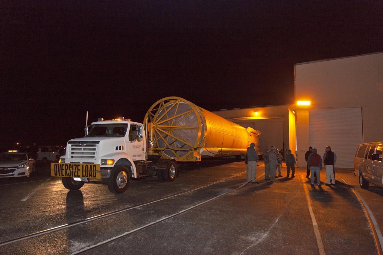 A United Launch Alliance Atlas V first stage leaves the Atlas Spaceflight Operations Center aboard a transport trailer for delivery to the Vertical Integration Facility at Space Launch Complex 41 at Cape Canaveral Air Force Station in Florida. The rocket is being prepared to launch the Geostationary Operational Environmental Satellite, or GOES-S. It will be the second in a series of four advanced geostationary weather satellites and will significantly improve the detection and observation of environmental phenomena that directly affect public safety. GOES-S is slated to launch March 1, 2018.