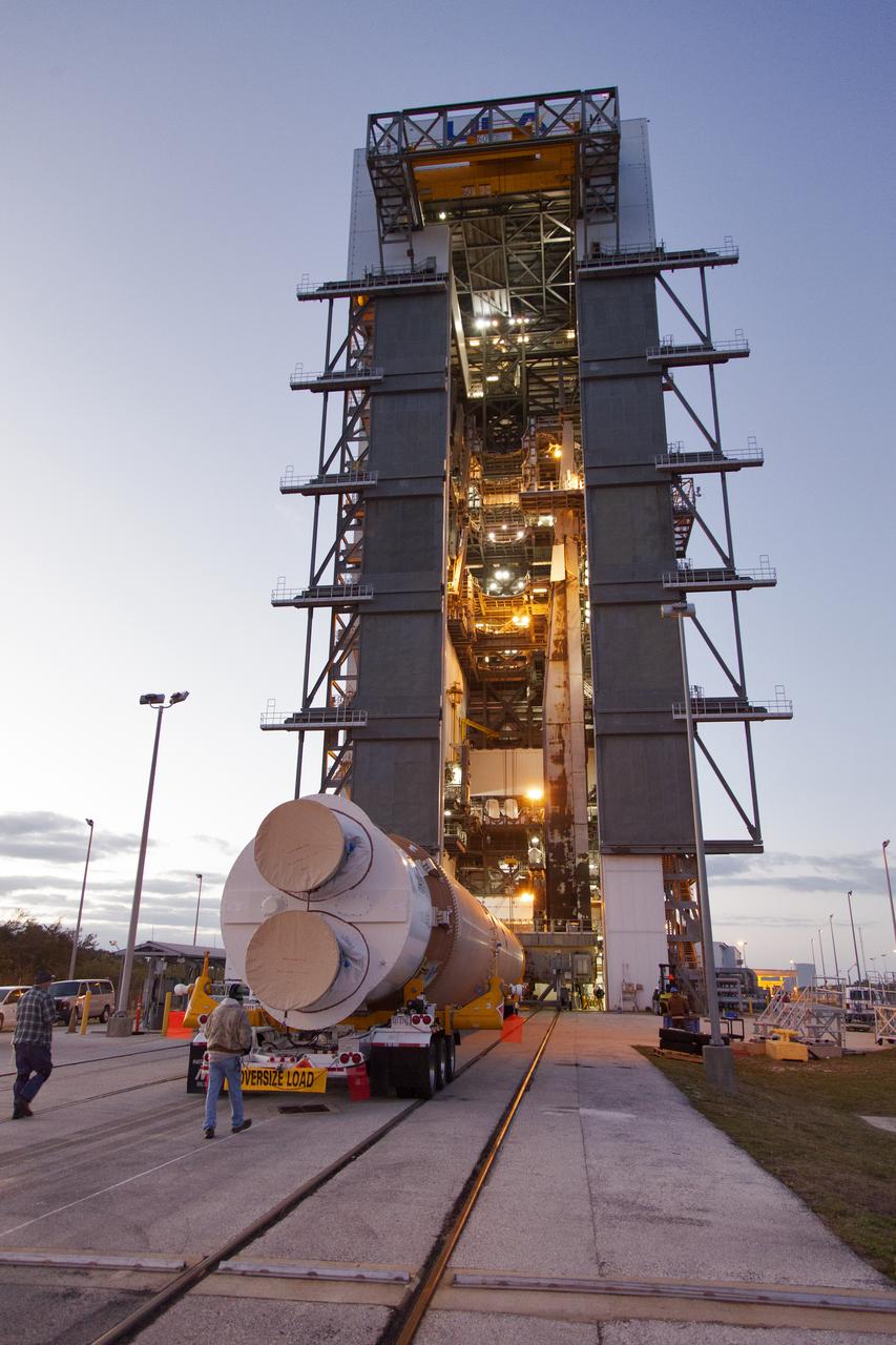 A United Launch Alliance Atlas V first stage arrives at the Vertical Integration Facility at Space Launch Complex 41 at Cape Canaveral Air Force Station in Florida. The rocket is being prepared to launch the Geostationary Operational Environmental Satellite, or GOES-S. It will be the second in a series of four advanced geostationary weather satellites and will significantly improve the detection and observation of environmental phenomena that directly affect public safety. GOES-S is slated to launch March 1, 2018.