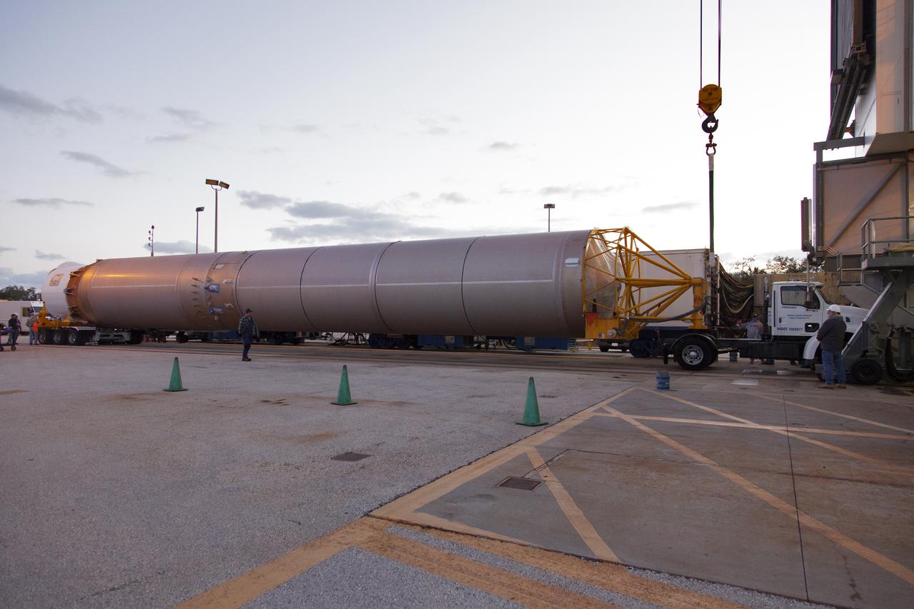 A United Launch Alliance Atlas V first stage arrives at the Vertical Integration Facility at Space Launch Complex 41 at Cape Canaveral Air Force Station in Florida. The rocket will be positioned on its launcher to boost the Geostationary Operational Environmental Satellite, or GOES-S. It will be the second in a series of four advanced geostationary weather satellites and will significantly improve the detection and observation of environmental phenomena that directly affect public safety. GOES-S is slated to launch March 1, 2018.