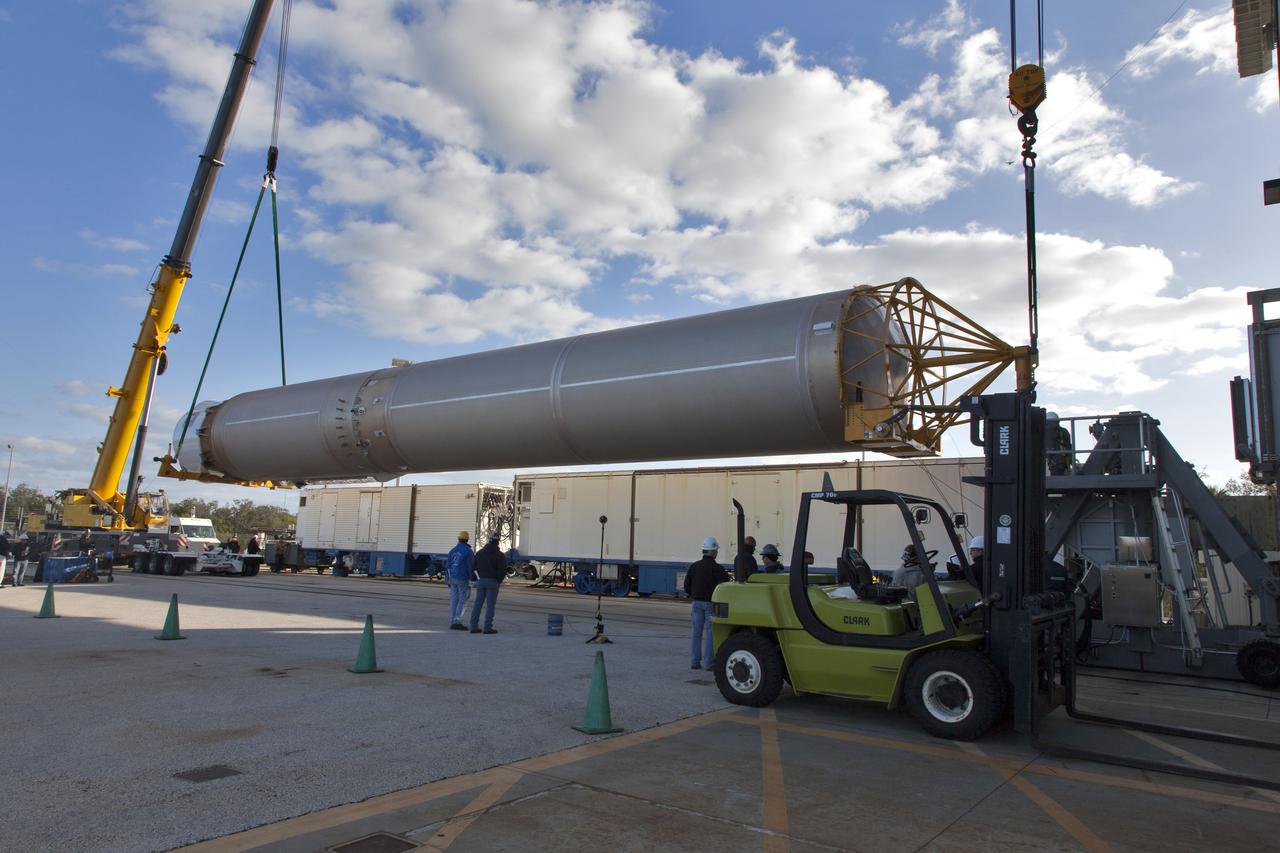 A crane lifts a United Launch Alliance Atlas V first stage at the Vertical Integration Facility at Space Launch Complex 41 at Cape Canaveral Air Force Station in Florida. The rocket will be positioned on its launcher to boost the Geostationary Operational Environmental Satellite, or GOES-S. It will be the second in a series of four advanced geostationary weather satellites and will significantly improve the detection and observation of environmental phenomena that directly affect public safety. GOES-S is slated to launch March 1, 2018.