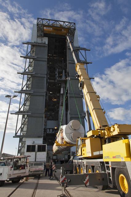 NASA image: GOES-S Atlas V First Stage Booster Lift to Vertical On Stand (LV