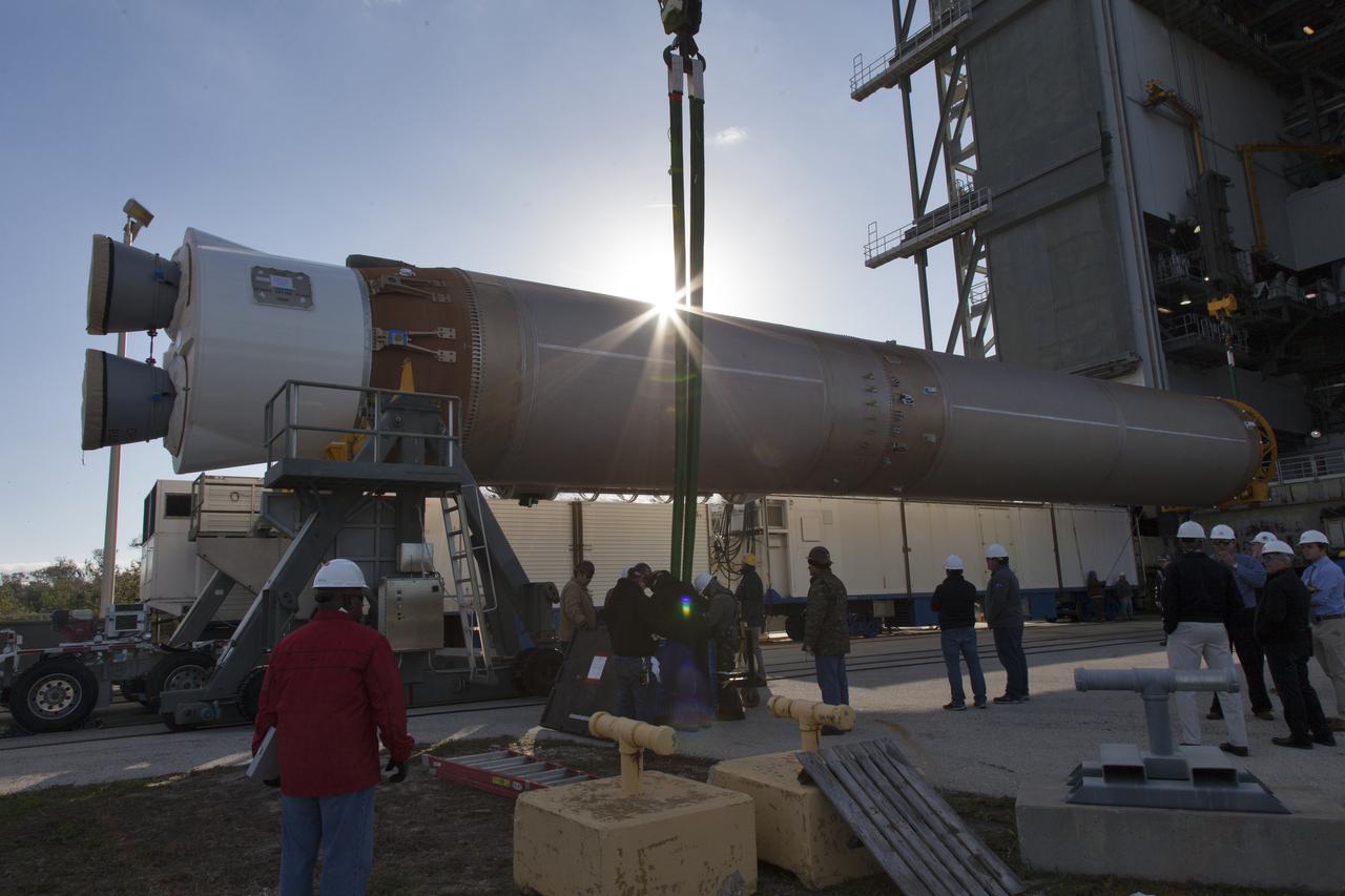 A crane lifts a United Launch Alliance Atlas V first stage at the Vertical Integration Facility at Space Launch Complex 41 at Cape Canaveral Air Force Station in Florida. The rocket will be positioned on its launcher to boost the Geostationary Operational Environmental Satellite, or GOES-S. It will be the second in a series of four advanced geostationary weather satellites and will significantly improve the detection and observation of environmental phenomena that directly affect public safety. GOES-S is slated to launch March 1, 2018.