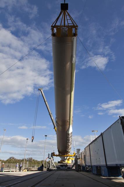NASA image: GOES-S Atlas V First Stage Booster Lift to Vertical On Stand (LV