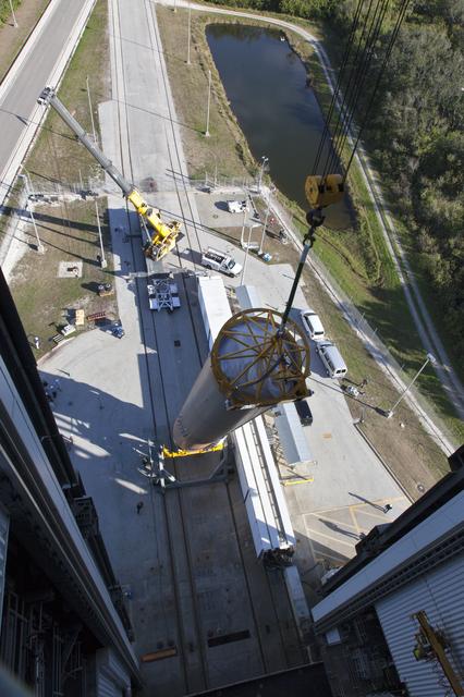 NASA image: GOES-S Atlas V First Stage Booster Lift to Vertical On Stand (LV