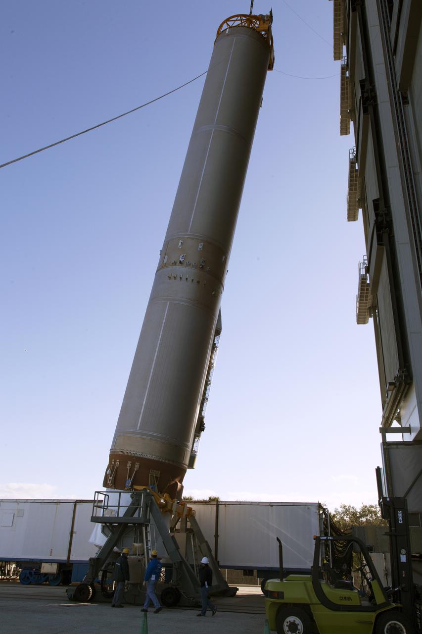 A crane lifts a United Launch Alliance Atlas V first stage at the Vertical Integration Facility at Space Launch Complex 41 at Cape Canaveral Air Force Station in Florida. The rocket will be positioned on its launcher to boost the Geostationary Operational Environmental Satellite, or GOES-S. It will be the second in a series of four advanced geostationary weather satellites and will significantly improve the detection and observation of environmental phenomena that directly affect public safety. GOES-S is slated to launch March 1, 2018.