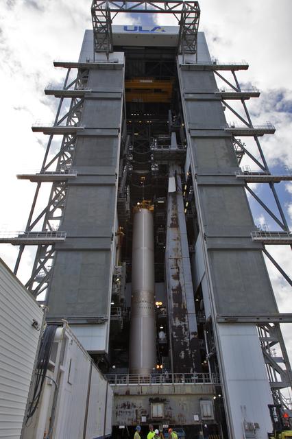 NASA image: GOES-S Atlas V First Stage Booster Lift to Vertical On Stand (LV
