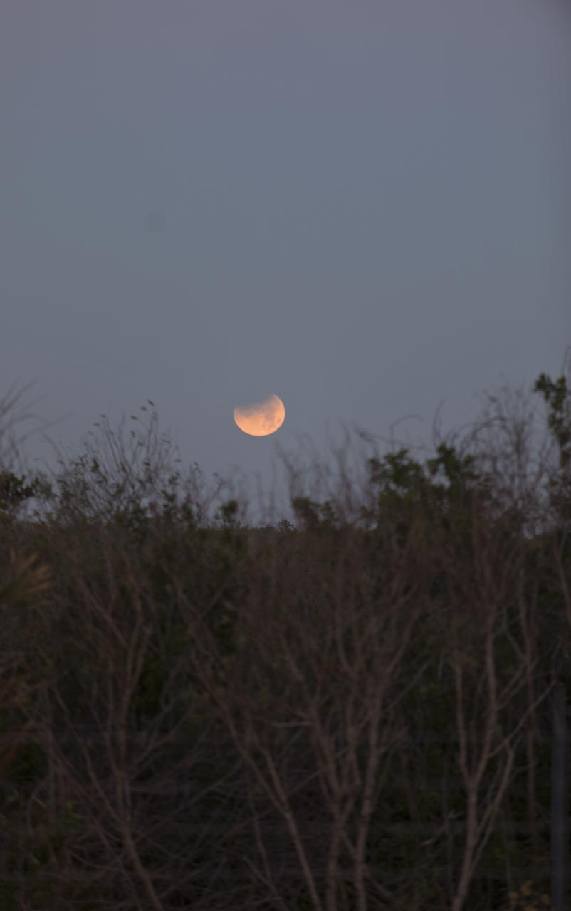 In twilight and framed by native vegetation, the Moon rises over NASA's Kennedy Space Center in Florida.