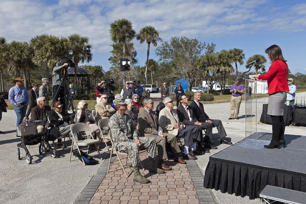 Tori McLendon of NASA Communications, speaks to guests at an event celebrating the 60th anniversary of America's first satellite. The ceremony took place in front of the Space Launch Complex 26 blockhouse at Cape Canaveral Air Force Station where the Explorer 1 satellite was launched atop a Jupiter C rocket on Jan. 31, 1958. During operation, the satellite's cosmic ray detector discovered radiation belts around Earth which were named for Dr. James Van Allen, principal investigator for the satellite.