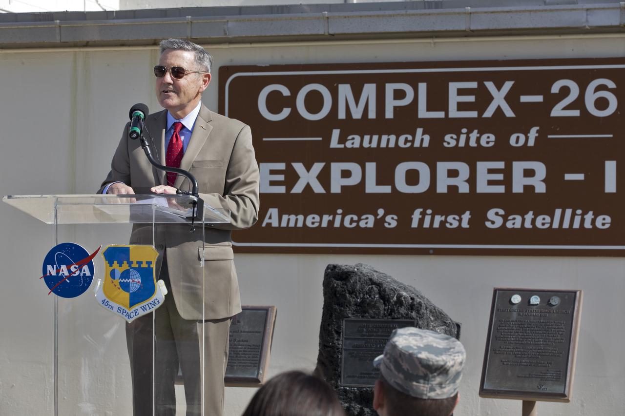 Kennedy Space Center Director Bob Cabana speaks to guests at an event celebrating the 60th anniversary of America's first satellite. The ceremony took place in front of the Space Launch Complex 26 blockhouse at Cape Canaveral Air Force Station where the Explorer 1 satellite was launched atop a Jupiter C rocket on Jan. 31, 1958. During operation, the satellite's cosmic ray detector discovered radiation belts around Earth which were named for Dr. James Van Allen, principal investigator for the satellite.