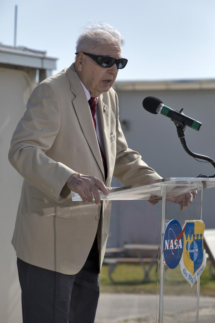 Dr. John Meisenheimer, launch weather officer for Explorer 1, speaks to guests at an event celebrating the 60th anniversary of America's first satellite. The ceremony took place in front of the Space Launch Complex 26 blockhouse at Cape Canaveral Air Force Station where the Explorer 1 satellite was launched atop a Jupiter C rocket on Jan. 31, 1958. During operation, the satellite's cosmic ray detector discovered radiation belts around Earth which were named for Dr. James Van Allen, principal investigator for the satellite.