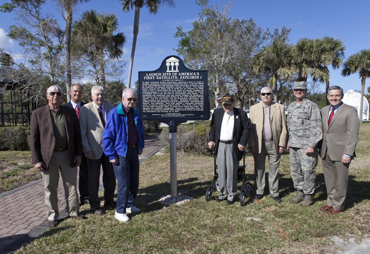 Launch team members who supported the launch of America's first satellite, Explorer 1, pose at a newly unveiled historical marker with Ray Sands, chairman of the Air Force Space and Missile Foundation -- sponsor of the marker, Brig. Gen. Wayne Monteith, 45th Space Wing commander and director of the Eastern Range, and Kennedy Space Center Director Bob Cabana. The event tool place at the site of the launch 60 years ago, Space Launch Complex 26 at Cape Canaveral Air Force Station.
