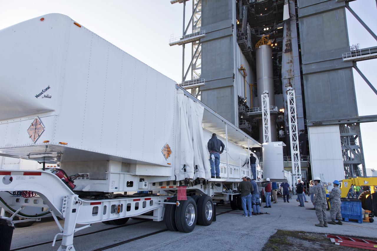 A transport vehicle carrying a solid rocket booster (SRB) arrives at the Vertical Integration Facility at Space Launch Complex 41 at Cape Canaveral Air Force Station in Florida. The SRB will be mated to a United Launch Alliance Atlas V first stage to help boost NOAA's Geostationary Operational Environmental Satellite, or GOES-S, to orbit. GOES-S is the second in a series of four advanced geostationary weather satellites that will significantly improve the detection and observation of environmental phenomena that directly affect public safety, protection of property and the nation's economic health and prosperity. GOES-S is slated to launch March 1, 2018.