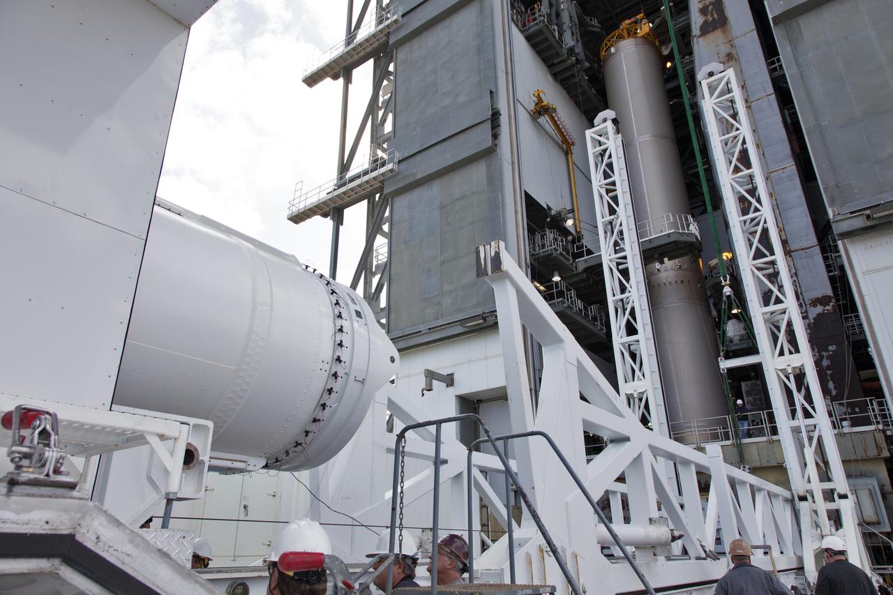 A solid rocket booster (SRB) is offloaded from a transport vehicle at the Vertical Integration Facility at Space Launch Complex 41 at Cape Canaveral Air Force Station in Florida. The SRB will be mated to a United Launch Alliance Atlas V first stage to help boost NOAA's Geostationary Operational Environmental Satellite, or GOES-S, to orbit. GOES-S is the second in a series of four advanced geostationary weather satellites that will significantly improve the detection and observation of environmental phenomena that directly affect public safety, protection of property and the nation's economic health and prosperity. GOES-S is slated to launch March 1, 2018.