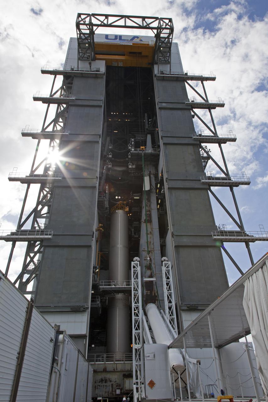 A solid rocket booster (SRB) is lifted for mating to a United Launch Alliance Atlas V first stage in the Vertical Integration Facility at Space Launch Complex 41 at Cape Canaveral Air Force Station in Florida. The SRB will be help boost NOAA's Geostationary Operational Environmental Satellite, or GOES-S, to orbit. GOES-S is the second in a series of four advanced geostationary weather satellites that will significantly improve the detection and observation of environmental phenomena that directly affect public safety, protection of property and the nation's economic health and prosperity. GOES-S is slated to launch March 1, 2018.