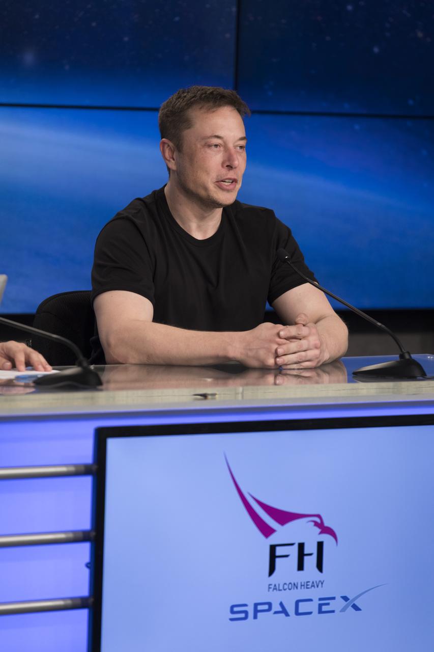 Elon Musk, SpaceX chief executive officer and lead designer, speaks to the news media during a news conference at NASA's Kennedy Space Center in Florida after the successful liftoff of the company’s Falcon Heavy rocket from Launch Complex 39A. The demonstration flight is a significant milestone for the world's premier multi-user spaceport. In 2014, NASA signed a property agreement with SpaceX for the use and operation of the center's pad 39A, where the company has launched Falcon 9 rockets and is preparing for the first Falcon Heavy. NASA also has Space Act Agreements in place with partners, such as SpaceX, to provide services needed to process and launch rockets and spacecraft.
