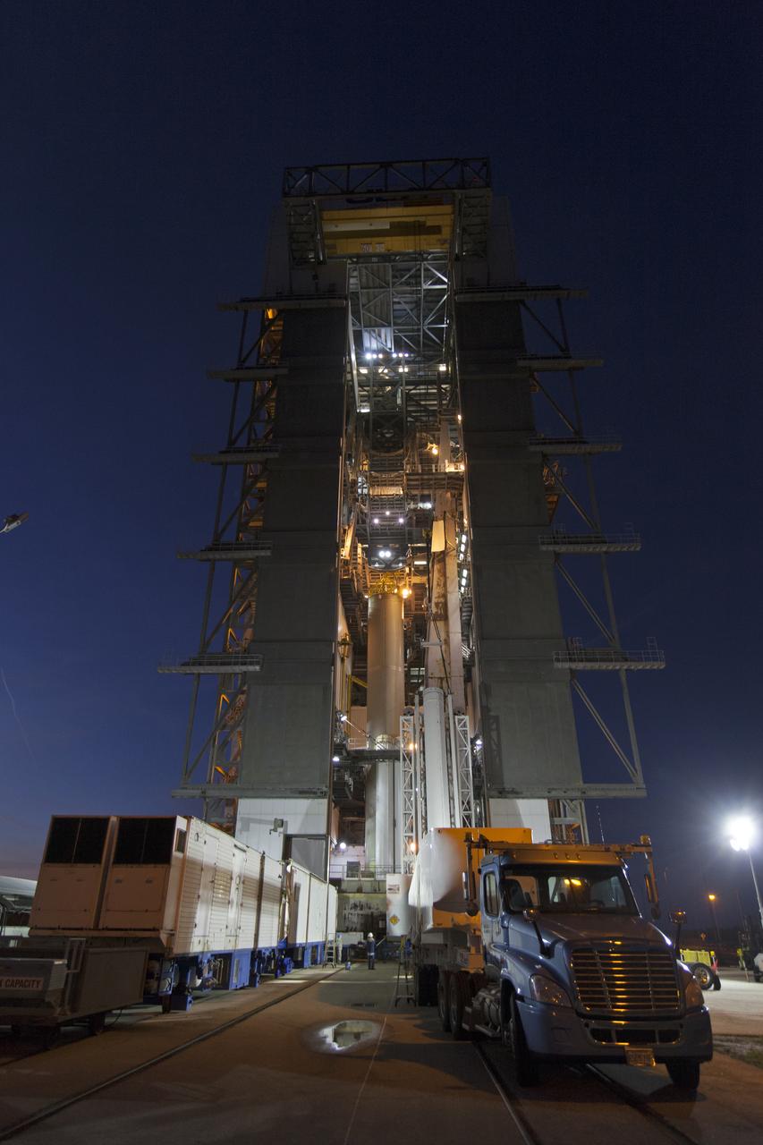 At the Vertical Integration Facility at Space Launch Complex 41 at Cape Canaveral Air Force Station in Florida, a solid rocket booster (SRB) is mated to a United Launch Alliance Atlas V first stage. The SRB will help boost NOAA's Geostationary Operational Environmental Satellite, or GOES-S, to orbit. GOES-S is the second in a series of four advanced geostationary weather satellites that will significantly improve the detection and observation of environmental phenomena that directly affect public safety, protection of property and the nation's economic health and prosperity. GOES-S is slated to launch March 1, 2018.