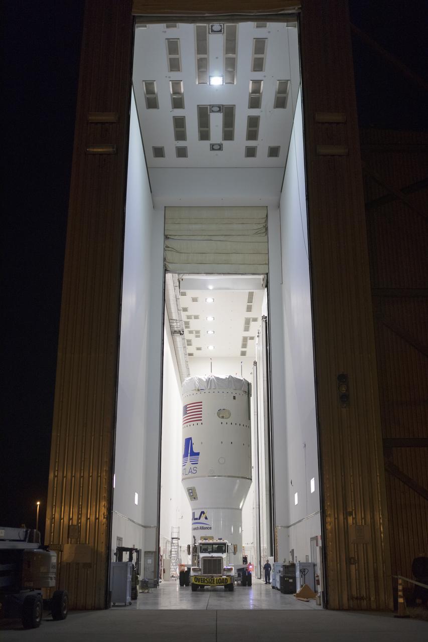 The Centaur upper stage that will help launch NOAA's Geostationary Operational Environmental Satellite-S, or GOES-S, departs the Delta Operations Center for the Vertical Integration Facility at Space Launch Complex 41 at Cape Canaveral Air Force Station in Florida. The Centaur then will be mated to a United Launch Alliance Atlas V booster. GOES-S is the second in a series of four advanced geostationary weather satellites that will significantly improve the detection and observation of environmental phenomena that directly affect public safety, protection of property and the nation's economic health and prosperity. GOES-S is slated to launch March 1, 2018.