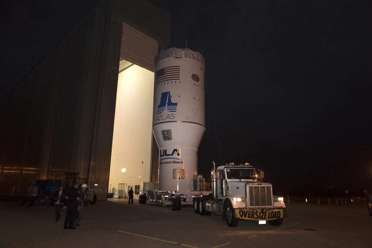 The Centaur upper stage that will help launch NOAA's Geostationary Operational Environmental Satellite-S, or GOES-S, departs the Delta Operations Center for the Vertical Integration Facility at Space Launch Complex 41 at Cape Canaveral Air Force Station in Florida. The Centaur then will be mated to a United Launch Alliance Atlas V booster. GOES-S is the second in a series of four advanced geostationary weather satellites that will significantly improve the detection and observation of environmental phenomena that directly affect public safety, protection of property and the nation's economic health and prosperity. GOES-S is slated to launch March 1, 2018.