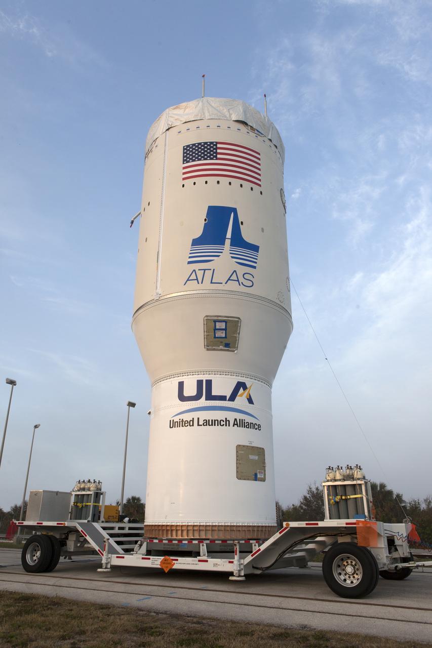 The Centaur upper stage that will help launch NOAA's Geostationary Operational Environmental Satellite-S, or GOES-S, arrives at the Vertical Integration Facility at Space Launch Complex 41 at Cape Canaveral Air Force Station in Florida. The Centaur will be mated to a United Launch Alliance Atlas V booster. GOES-S is the second in a series of four advanced geostationary weather satellites that will significantly improve the detection and observation of environmental phenomena that directly affect public safety, protection of property and the nation's economic health and prosperity. GOES-S is slated to launch March 1, 2018.