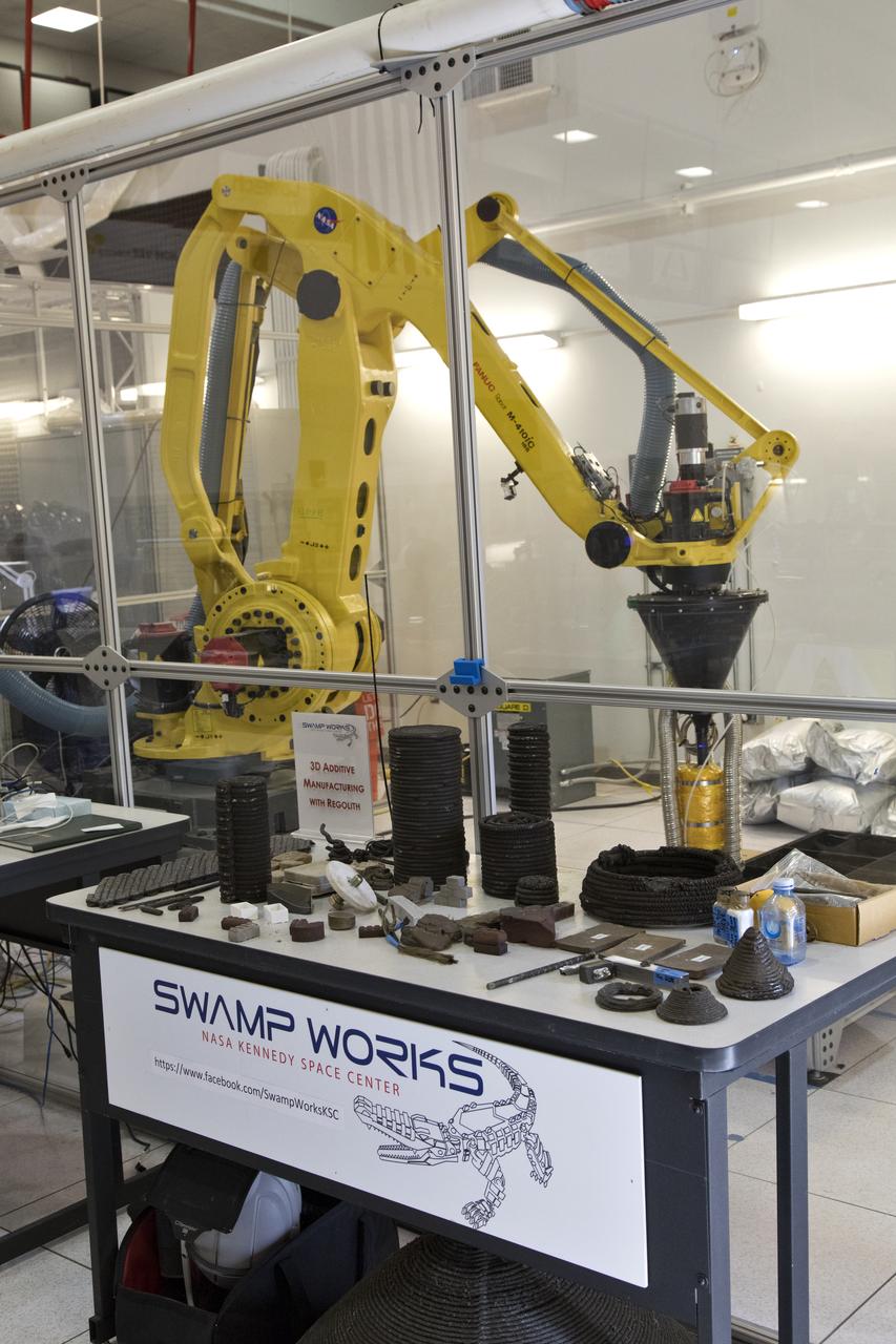 A Zero Launch Mass 3-D printer is being tested at the Swamp Works at NASA's Kennedy Space Center in Florida. The printer can be used for construction projects on the Moon and Mars, and even for troops in remote locations on Earth. Zero launch mass refers to the fact that the printer uses pellets made from simulated lunar regolith, or dirt, and polymers to prove that space explorers can use resources at their destination instead of taking everything with them, saving them launch mass and money. The group is working with Marshall Space Flight Center in Huntsville, Alabama, and the U.S. Army Corps of Engineers to develop a system that can 3-D print barracks in remote locations on Earth, using the resources they have where they are. 