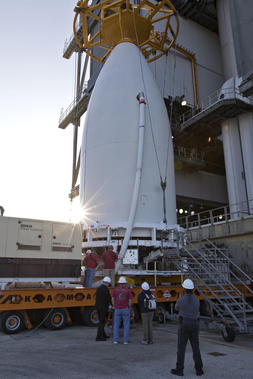 Preparations are underway to lift the payload fairing containing NOAA's Geostationary Operational Environmental Satellite-S (GOES-S) up and into the United Launch Alliance (ULA) Vertical Integration Facility at Space Launch Complex 41 at Cape Canaveral Air Force Station in Florida. The fairing will be mated to the ULA Atlas V rocket. GOES-S is the second in a series of four advanced geostationary weather satellites. The satellite is slated to launch aboard the ULA Atlas V on March 1. 