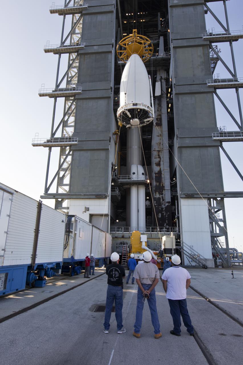 The payload fairing containing NOAA's Geostationary Operational Environmental Satellite-S (GOES-S) is lifted up by crane at the United Launch Alliance (ULA) Vertical Integration Facility at Space Launch Complex 41 at Cape Canaveral Air Force Station in Florida. The fairing will be mated to the ULA Atlas V rocket. GOES-S is the second in a series of four advanced geostationary weather satellites. The satellite is slated to launch aboard the ULA Atlas V on March 1. 