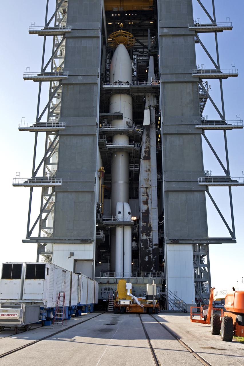 The payload fairing containing NOAA's Geostationary Operational Environmental Satellite-S (GOES-S) is lowered by crane onto the United Launch Alliance (ULA) Atlas V rocket in the ULA Vertical Integration Facility at Space Launch Complex 41 at Cape Canaveral Air Force Station in Florida.  The fairing will be secured to the rocket in preparation for launch. GOES-S is the second in a series of four advanced geostationary weather satellites. The satellite is slated to launch aboard the ULA Atlas V on March 1. 