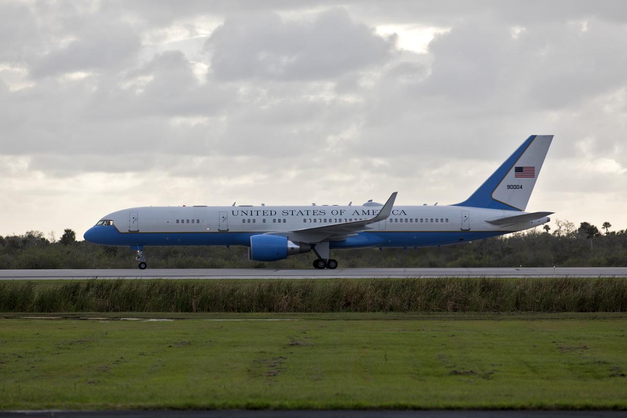 Air Force Two, carrying Vice President Mike Pence, taxis on the Shuttle Landing Facility at NASA's Kennedy Space Center in Florida, on Feb. 20, 2018. During his visit, Pence will chair a meeting of the National Space Council in the high bay of the center's Space Station Processing Facility. The council's role is to advise the president regarding national space policy and strategy, and review the nation's long-range goals for space activities. 