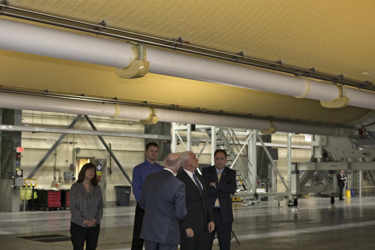 United Launch Alliance (ULA) president and CEO Tory Bruno leads a tour for Vice President Mike Pence, his wife, Karen Pence, and NASA Acting Administrator Robert Lightfoot on Feb. 20, 2018. They are in the ULA Horizontal Integration Facility (HIF), at Cape Canaveral Air Force Station in Florida. The HIF is where the Delta IV Heavy boosters are being processed for NASA’s upcoming Parker Solar Probe mission. During his visit, Pence will chair a meeting of the National Space Council on Feb. 21, 2018 in the high bay of NASA Kennedy Space Center’s Space Station Processing Facility. The council's role is to advise the president regarding national space policy and strategy, and review the nation's long-range goals for space activities.