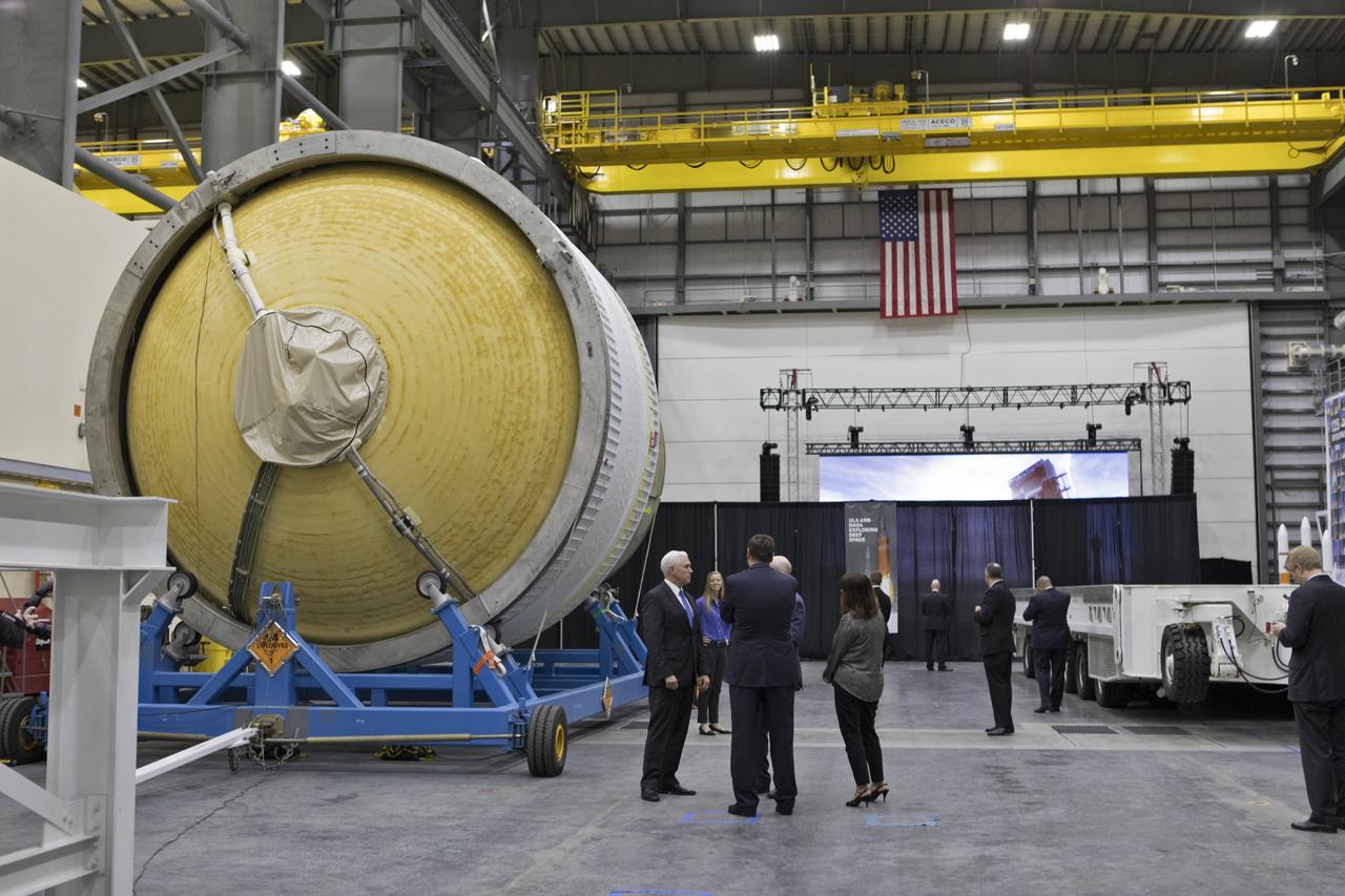 United Launch Alliance (ULA) president and CEO Tory Bruno leads a tour for Vice President Mike Pence, his wife, Karen Pence, and NASA Acting Administrator Robert Lightfoot on Feb. 20, 2018. They are in the ULA Horizontal Integration Facility (HIF), at Cape Canaveral Air Force Station in Florida. The HIF is where the Delta IV Heavy boosters are being processed for NASA’s upcoming Parker Solar Probe mission. During his visit, Pence will chair a meeting of the National Space Council on Feb. 21, 2018 in the high bay of NASA Kennedy Space Center’s Space Station Processing Facility. The council's role is to advise the president regarding national space policy and strategy, and review the nation's long-range goals for space activities.
