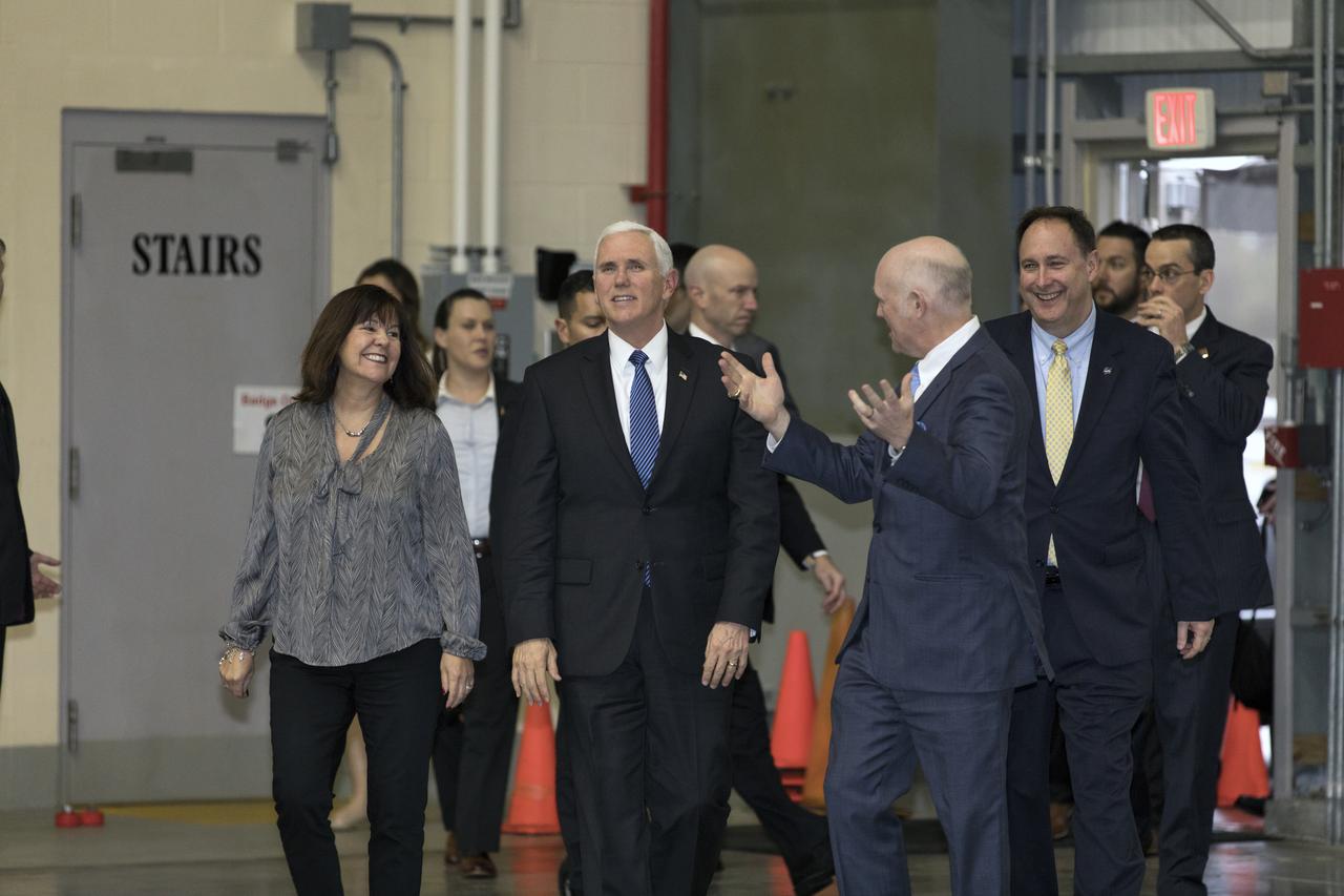 United Launch Alliance (ULA) president and CEO Tory Bruno leads a tour for Vice President Mike Pence, his wife, Karen Pence, and NASA Acting Administrator Robert Lightfoot on Feb. 20, 2018. They are in the ULA Horizontal Integration Facility (HIF), at Cape Canaveral Air Force Station in Florida. The HIF is where the Delta IV Heavy boosters are being processed for NASA’s upcoming Parker Solar Probe mission. During his visit, Pence will chair a meeting of the National Space Council on Feb. 21, 2018 in the high bay of NASA Kennedy Space Center’s Space Station Processing Facility. The council's role is to advise the president regarding national space policy and strategy, and review the nation's long-range goals for space activities.