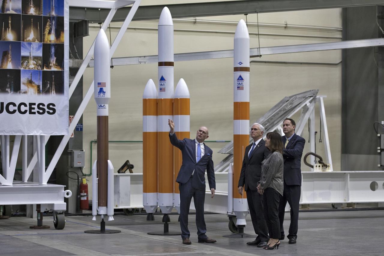 From the left, United Launch Alliance (ULA) president and CEO Tory Bruno leads a tour for Vice President Mike Pence, his wife, Karen Pence, and NASA Acting Administrator Robert Lightfoot on Feb. 20, 2018. They are in the ULA Horizontal Integration Facility (HIF), at Cape Canaveral Air Force Station in Florida. The HIF is where the Delta IV Heavy boosters are being processed for NASA’s upcoming Parker Solar Probe mission. During his visit, Pence will chair a meeting of the National Space Council on Feb. 21, 2018 in the high bay of NASA Kennedy Space Center’s Space Station Processing Facility. The council's role is to advise the president regarding national space policy and strategy, and review the nation's long-range goals for space activities.