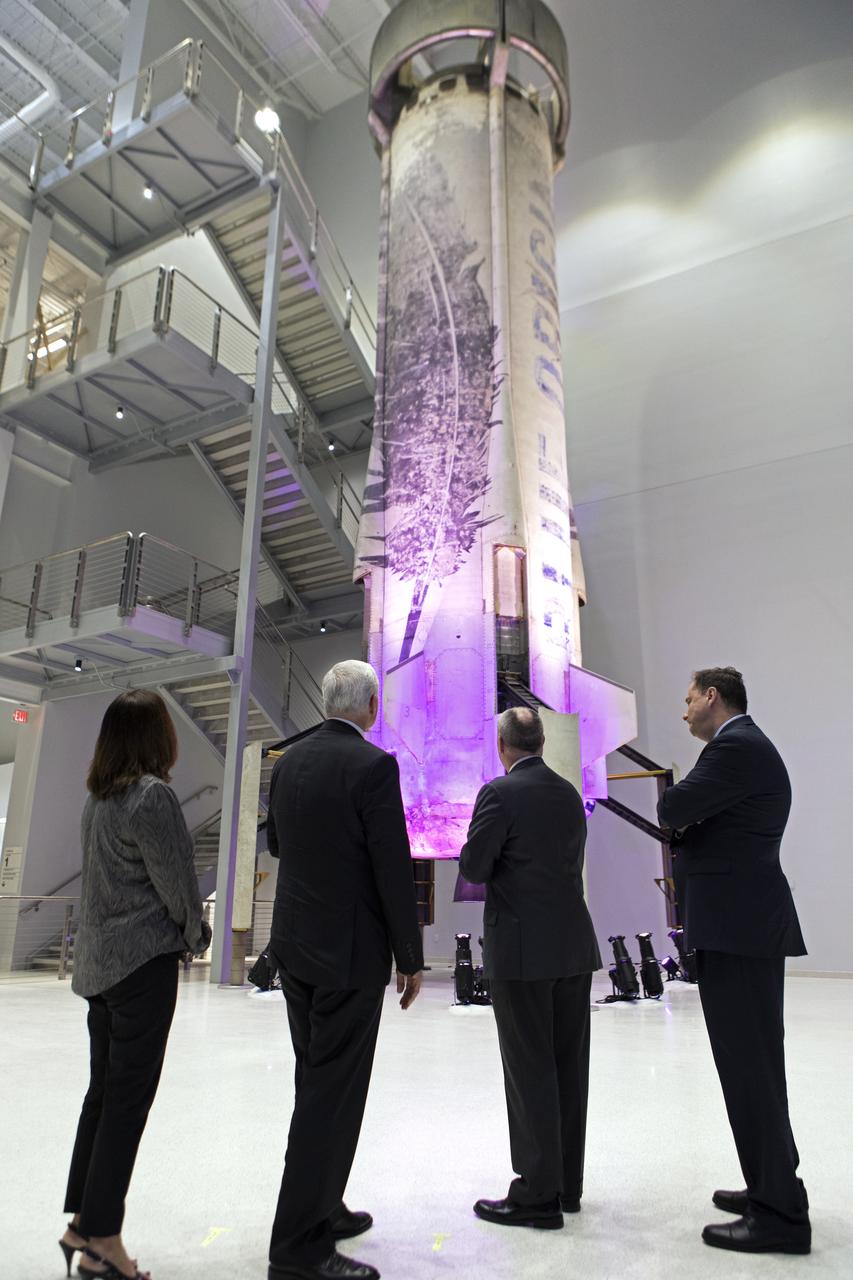 Vice President Mike Pence, second from left, tours the Blue Origin Manufacturing Facility near NASA's Kennedy Space Center in Florida, on Feb. 20, 2018. At left is the vice president's wife, Karen Pence. To his right are Blue Origin CEO Robert Smith, and acting NASA Administrator Robert Lightfoot. Vice President Pence viewed the flown New Shepard Booster and Crew Capsule. The booster was the first launch vehicle with a successful vertical takeoff and vertical landing to demonstrate reusability. During his visit, Pence will chair a meeting of the National Space Council on Feb. 21, 2018 in the high bay of NASA Kennedy Space Center's Space Station Processing Facility. The council's role is to advise the president regarding national space policy and strategy, and review the nation's long-range goals for space activities. 