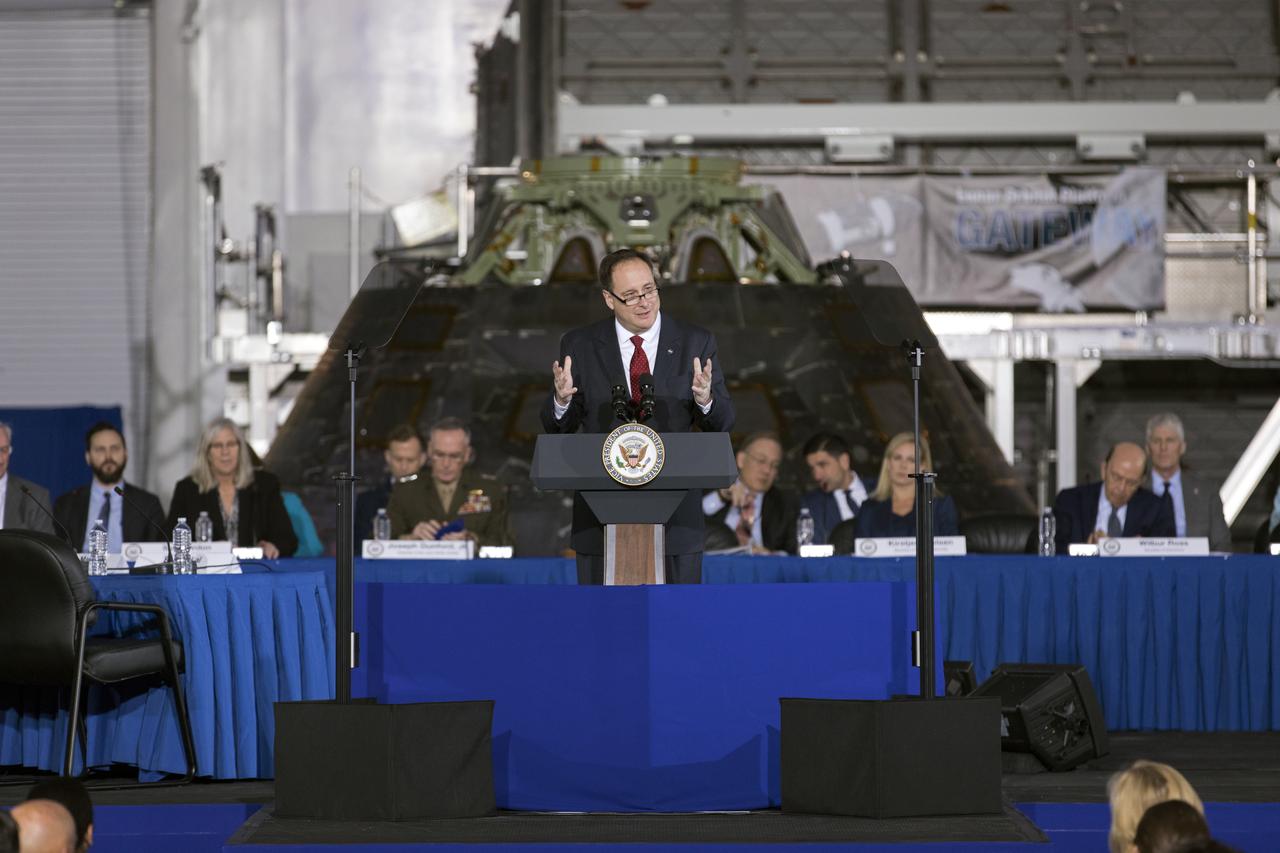 Acting NASA Administrator Robert Lightfoot addresses a meeting of the National Space Council in the high bay of the Space Station Processing Facility at NASA's Kennedy Space Center in Florida, on Feb. 21, 2018. Chaired by Vice President Mike Pence, the council's role is to advise the president regarding national space policy and strategy, and review the nation's long-range goals for space activities.