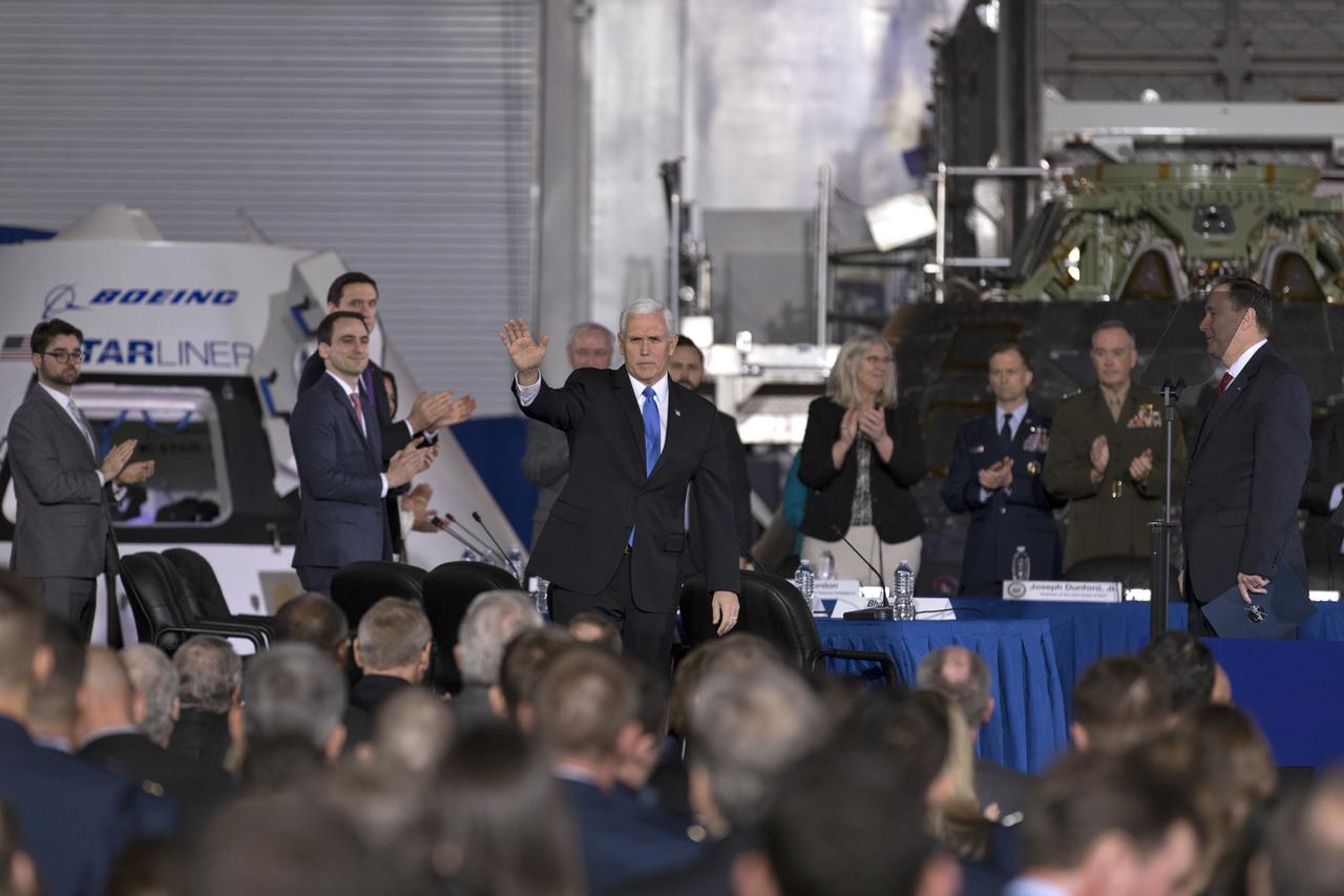 Vice President Mike Pence arrives at the Space Station Processing Facility at NASA's Kennedy Space Center in Florida, on Feb. 21, 2018. Inside the building's high bay, the Vice President chaired a meeting of the National Space Council. The council's role is to advise the president regarding national space policy and strategy, and review the nation's long-range goals for space activities.