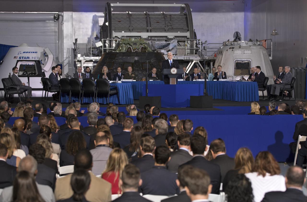 Vice President Mike Pence chairs a meeting of the National Space Council in the high bay of the Space Station Processing Facility at NASA's Kennedy Space Center in Florida, on Feb. 21, 2018. The council's role is to advise the president regarding national space policy and strategy, and review the nation's long-range goals for space activities.
