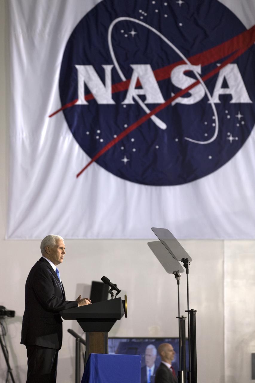 Vice President Mike Pence addresses a meeting of the National Space Council in the high bay of the Space Station Processing Facility at NASA's Kennedy Space Center in Florida, on Feb. 21, 2018. Chaired by the Vice President, the council's role is to advise the president regarding national space policy and strategy, and review the nation's long-range goals for space activities.