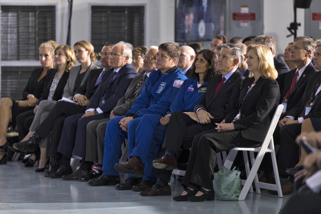 NASA and industry guests listen during a meeting of the National Space Council in the high bay of the Space Station Processing Facility at NASA's Kennedy Space Center in Florida, on Feb. 21, 2018. In the front row, from left to right, are Kennedy Space Center Deputy Director Janet Petro, Center Director Bob Cabana, NASA astronauts Sunita Williams and Bob Behnken, and Apollo 11 astronaut Buzz Aldrin. Chaired by the Vice President, the council's role is to advise the president regarding national space policy and strategy, and review the nation's long-range goals for space activities.