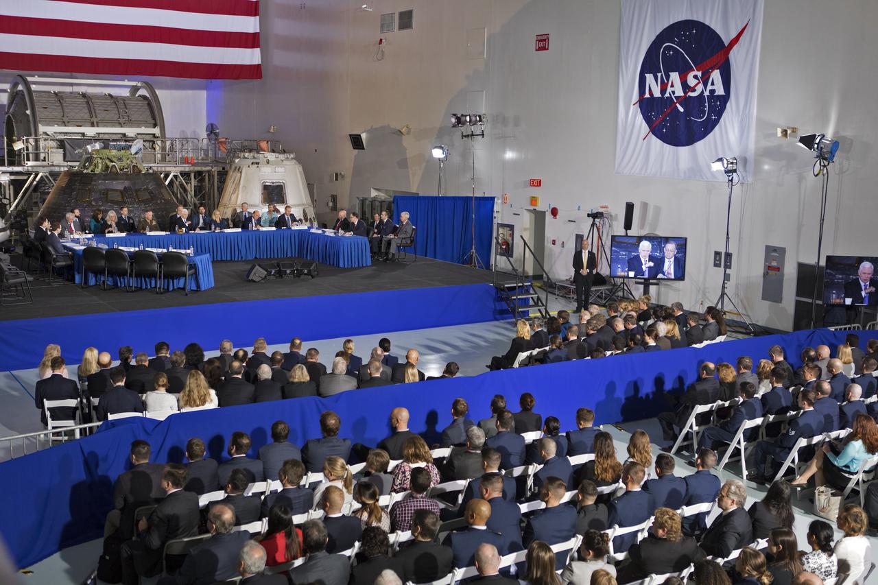 Members of the National Space Council meet in the high bay of the Space Station Processing Facility at NASA's Kennedy Space Center in Florida, on Feb. 21, 2018. Chaired by Vice President Mike Pence, the council's role is to advise the president regarding national space policy and strategy, and review the nation's long-range goals for space activities.